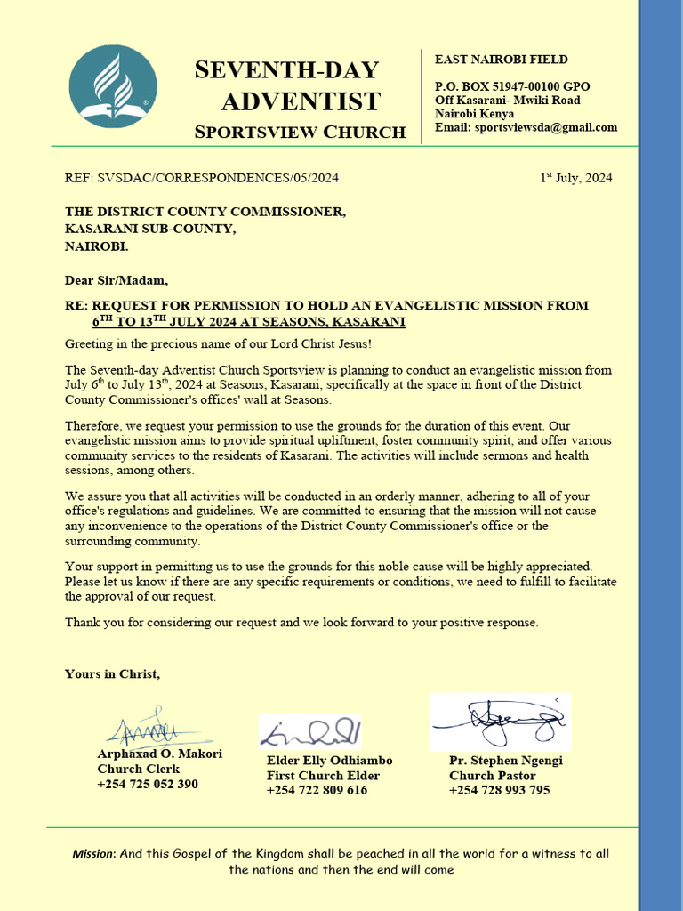 DCC Permission Request for Evangelistic Mission | PDF | Christian New ...