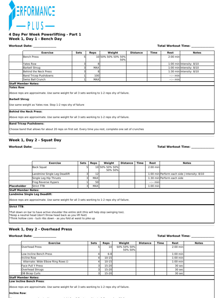4-Day Powerlifting Workout Plan | PDF | Physical Fitness | Weight Training