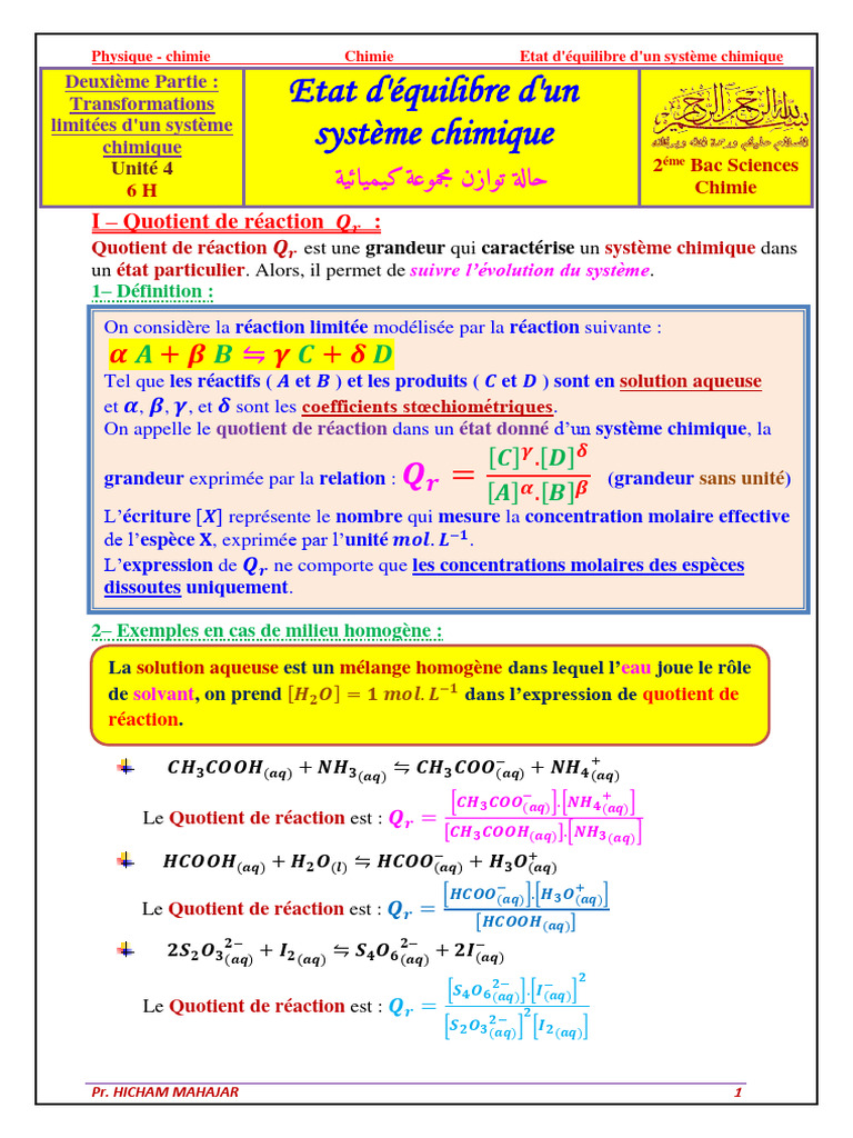 État d'équilibre en chimie | PDF | Équilibre chimique | Réactions chimiques