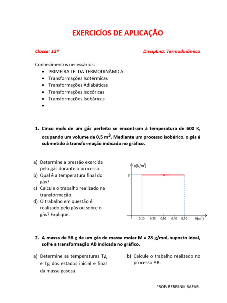 Exercícios de Termodinâmica para 12º Ano | PDF | Gases | Termodinâmica