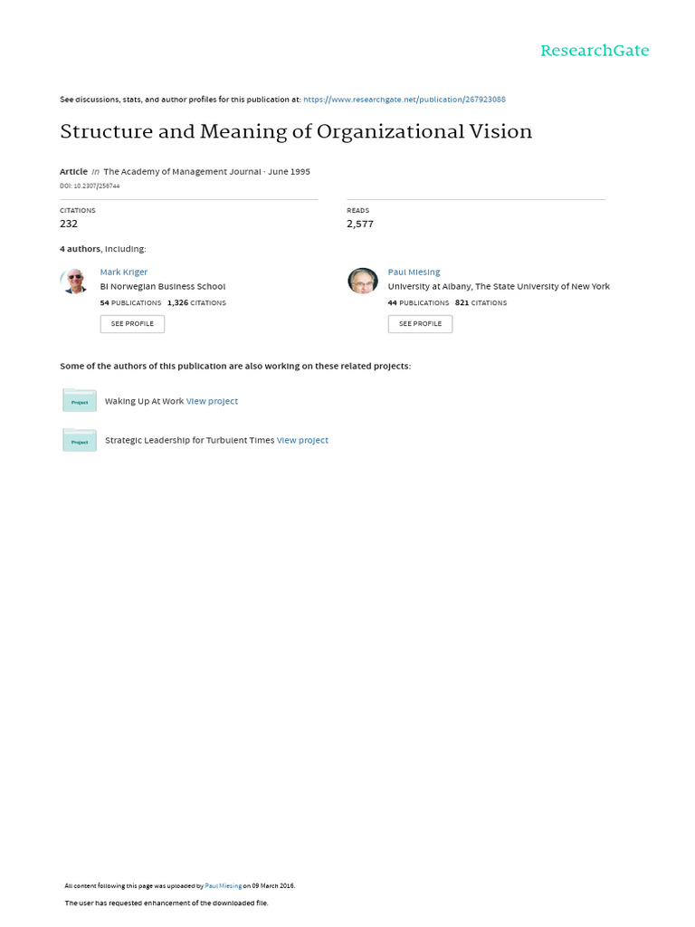 Structure And Meaning Of Organizational Vision The Academy Of