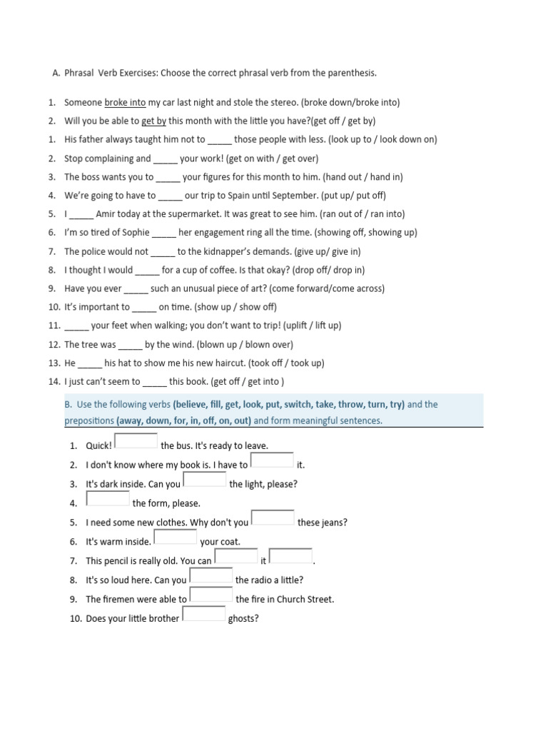 Phrasal Verb Exercises | PDF | Language Arts & Discipline | Foreign ...