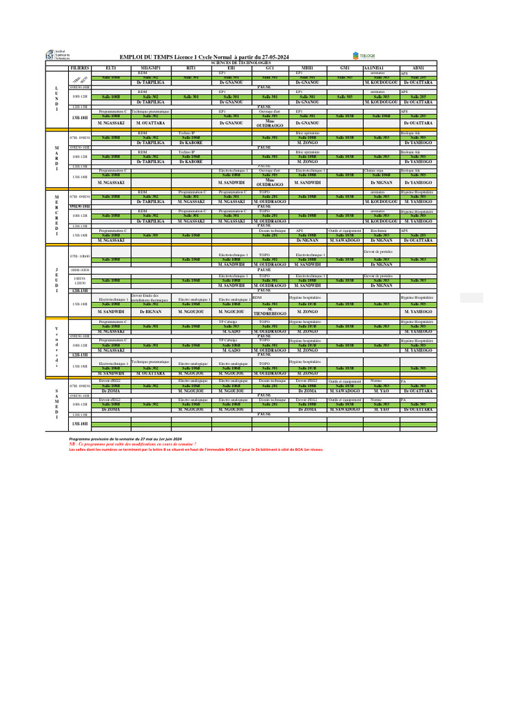 Emploi du temps Licence 1 2024 | PDF
