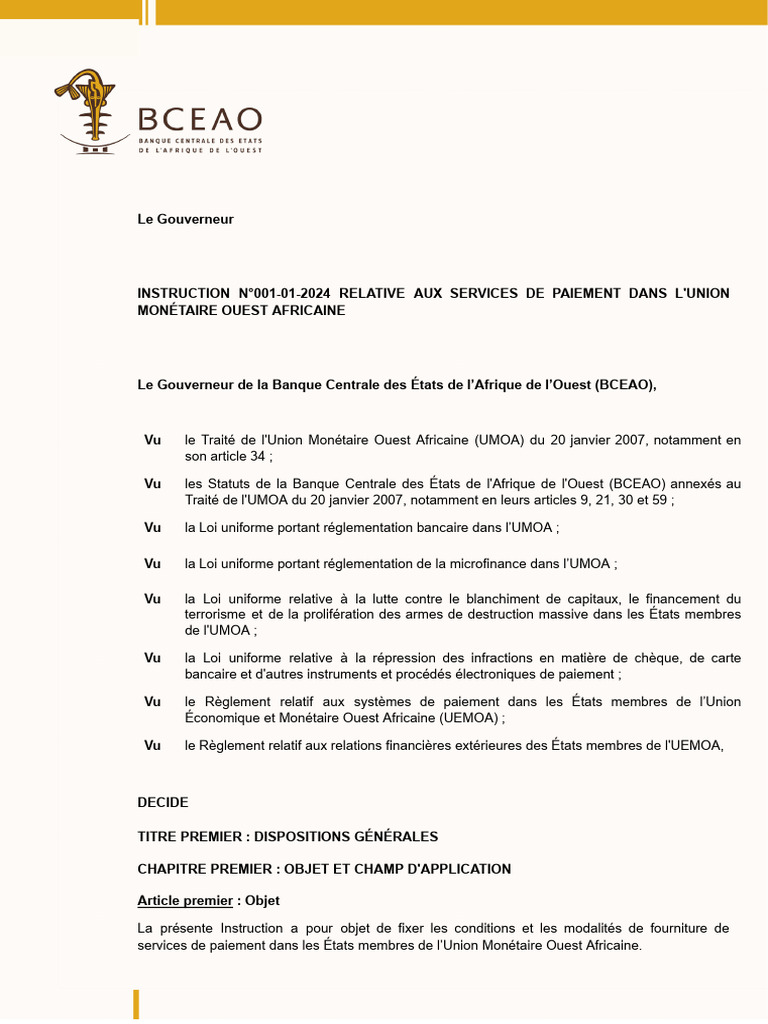 Instruction BCEAO sur les services de paiement | PDF | Banques ...