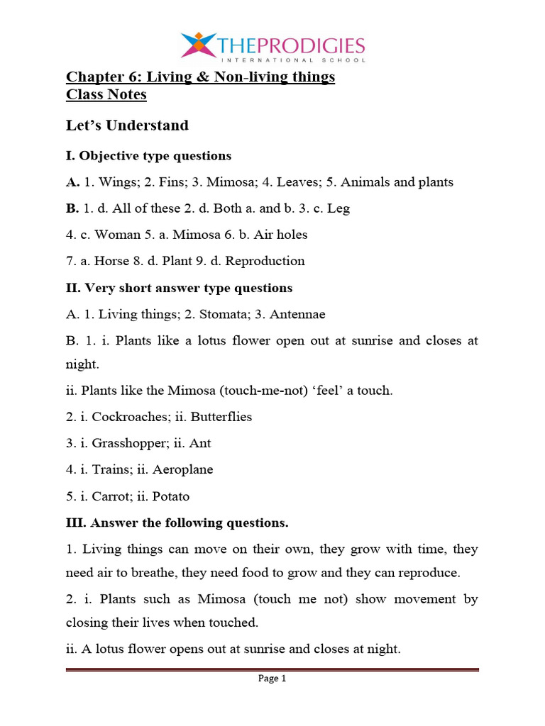 Living And Non Living Things Class Notes Pdf