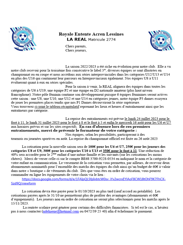 Saison 2023-2024 : Infos REAL Acren | PDF