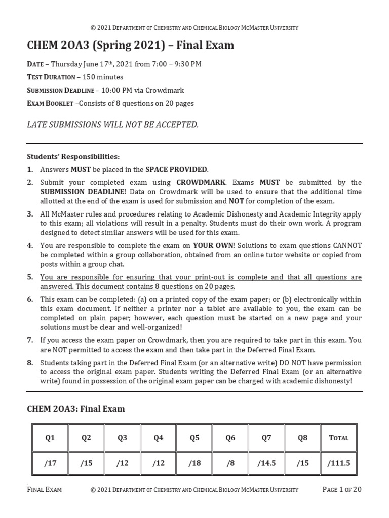 CHEM 2OA3 Final Exam Overview | PDF | Chemistry | Chemical Reactions