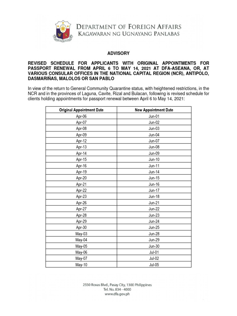 Website advisory revised schedule apr 6 to may 14 clients effective