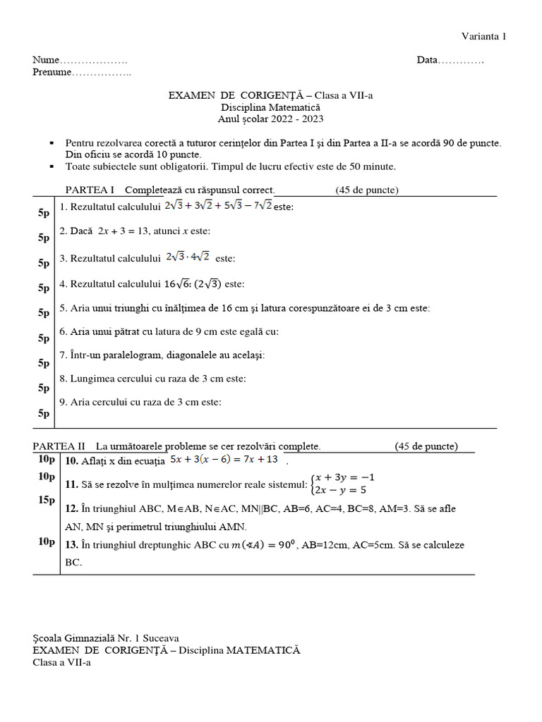 Examen de Corigenta - CL7 - Var1 | PDF