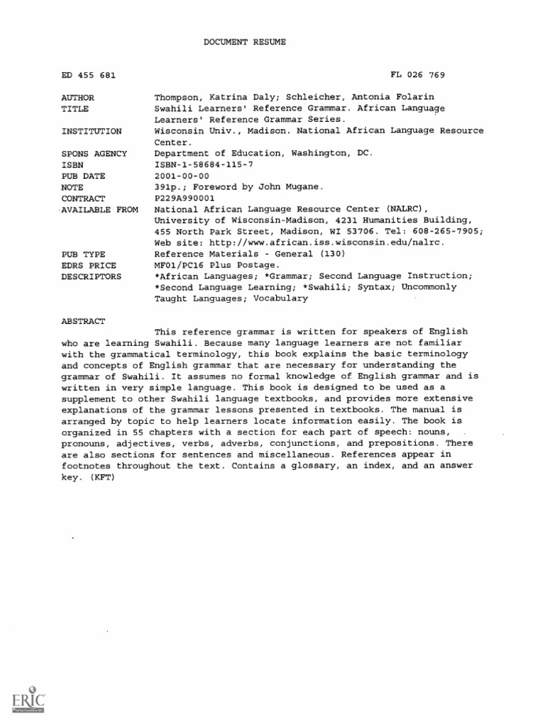 Swahili learners reference grammar pdf verb grammatical number