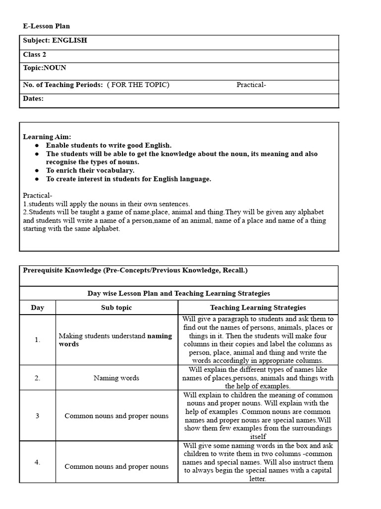 E lesson plan blank format docx download free pdf english language