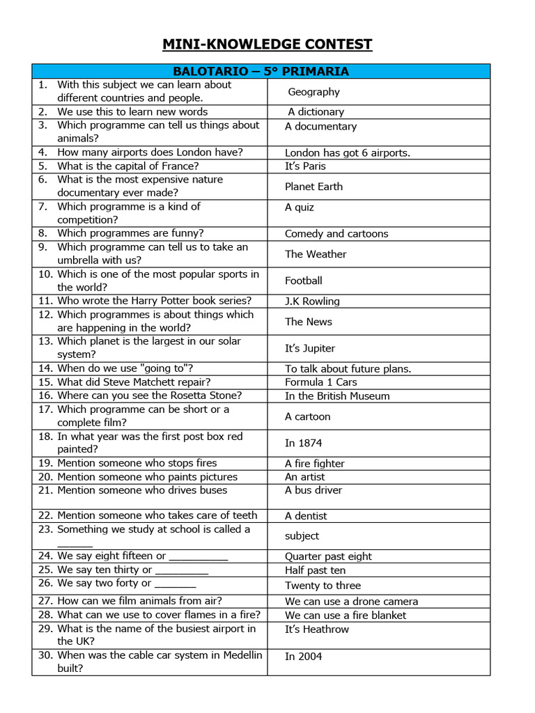 BALOTARIO MINI KNOWLEDGE CONTEST - 5° PRIMARIA (1) | PDF