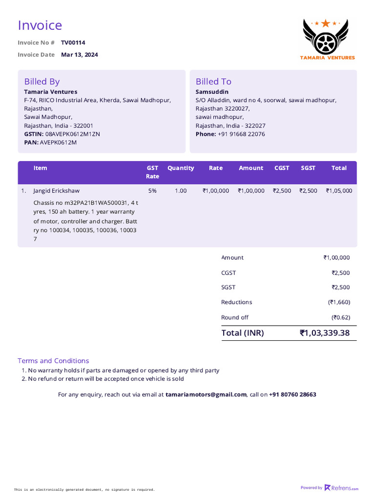 Invoice Tv00114 Tamaria Ventures Samsuddin | PDF | Trade | Sales