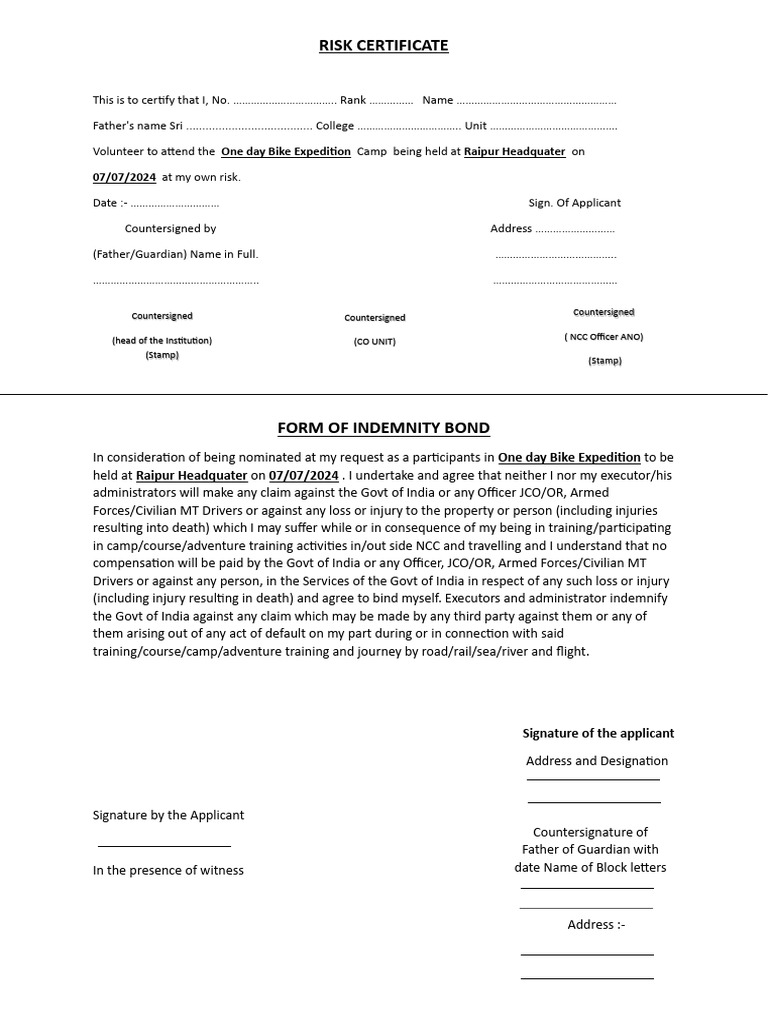NCC Bike Expedition Risk Certificate | PDF | Private Law | Common Law