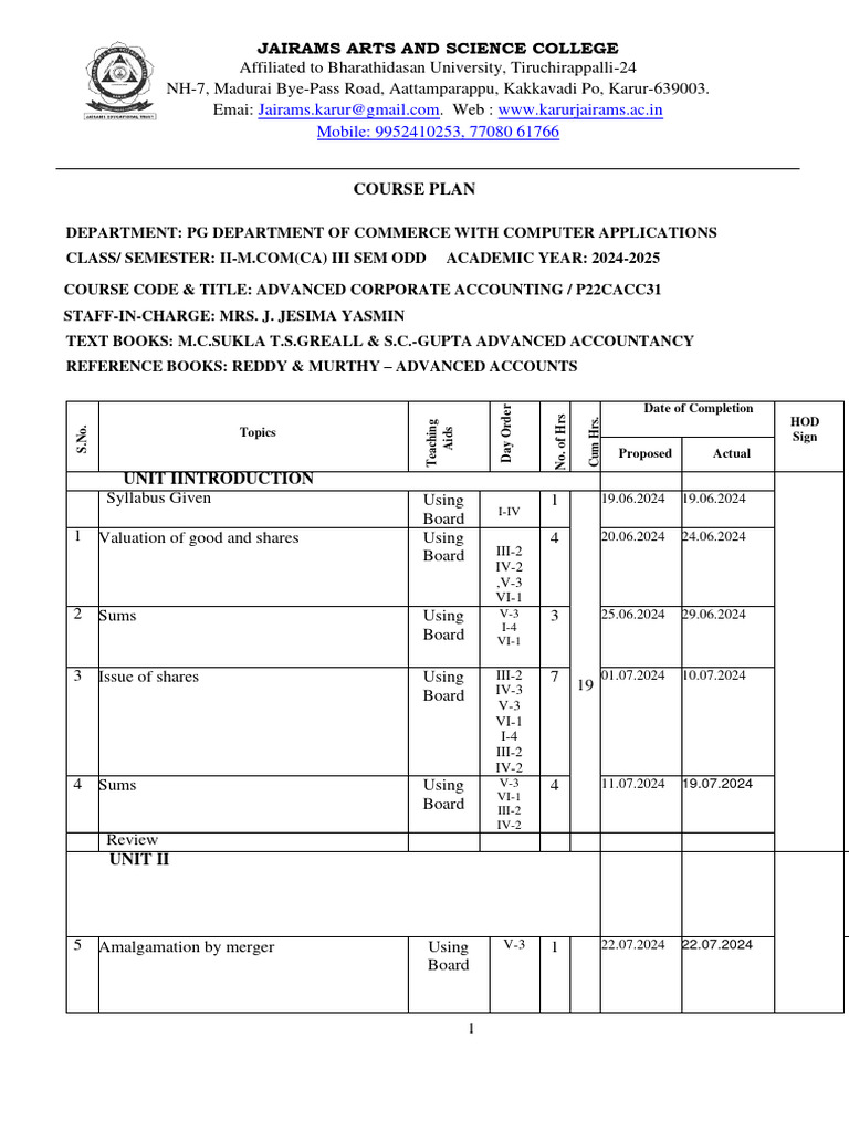 Adv Corporate Course Plan 2024 | PDF | Corporations | Financial Economics
