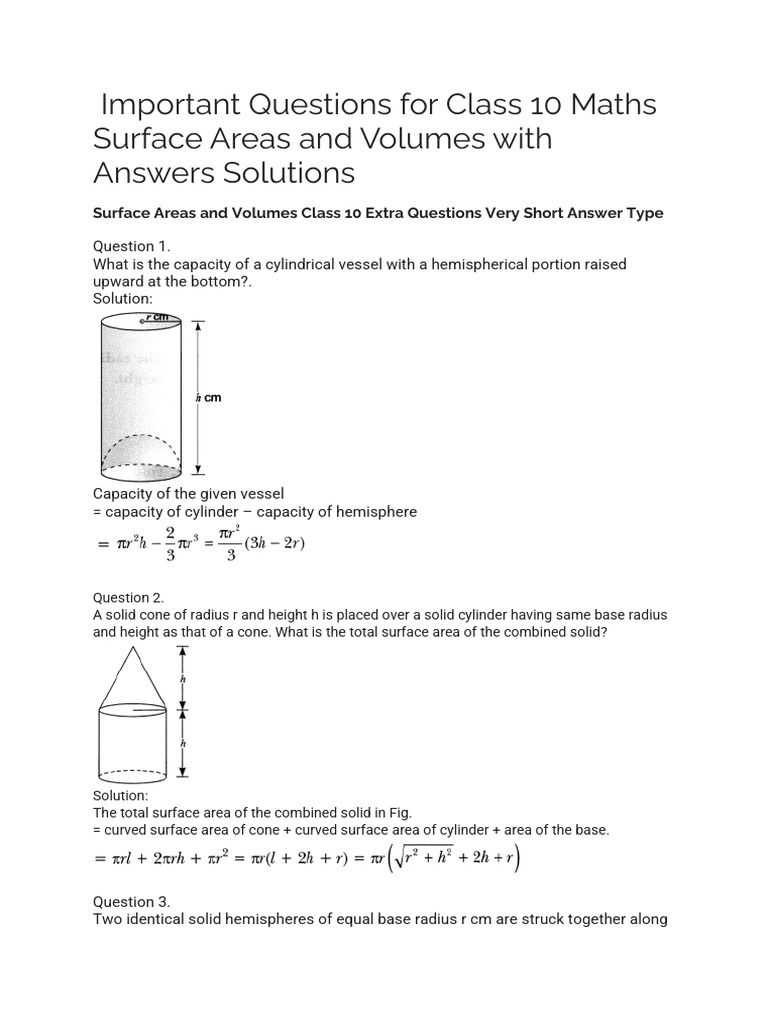 Important Questions For Class 10 Maths Surface Areas and Volumes With