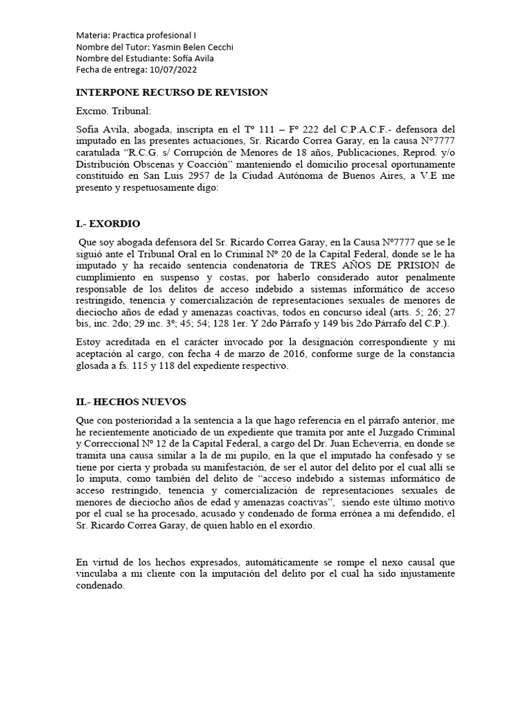 Interpone Recurso de Revision | PDF | Justicia penal | Crimen y violencia
