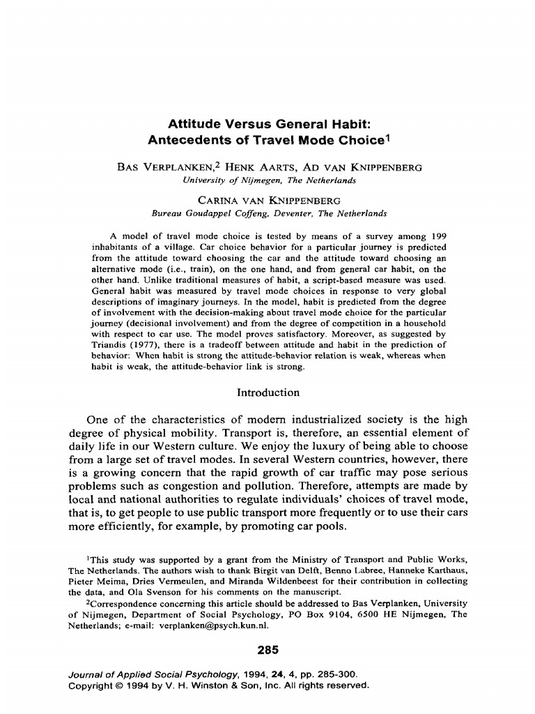 Attitudes Vs General Habit in Travel Mode Choice | PDF | Attitude ...