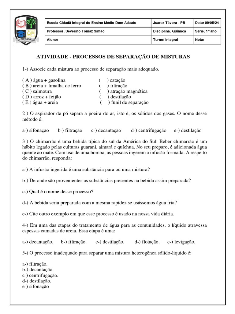 Atividade sobre Separação de Misturas | PDF | Filtragem | Química