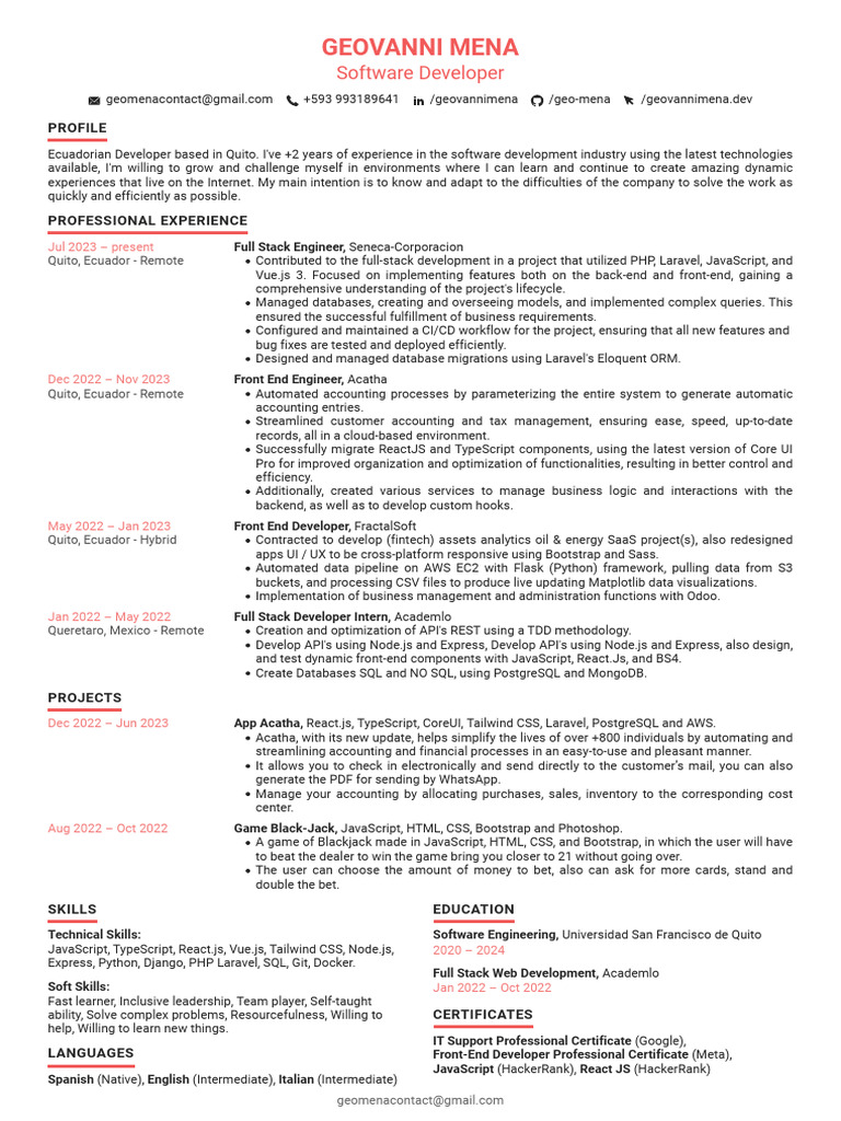 Full Stack Developer Profile - Ecuador | PDF | Bootstrap (Front End ...
