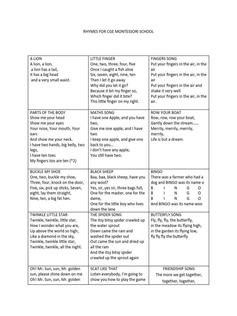 Montessori Rhymes and Songs Collection | PDF | Art