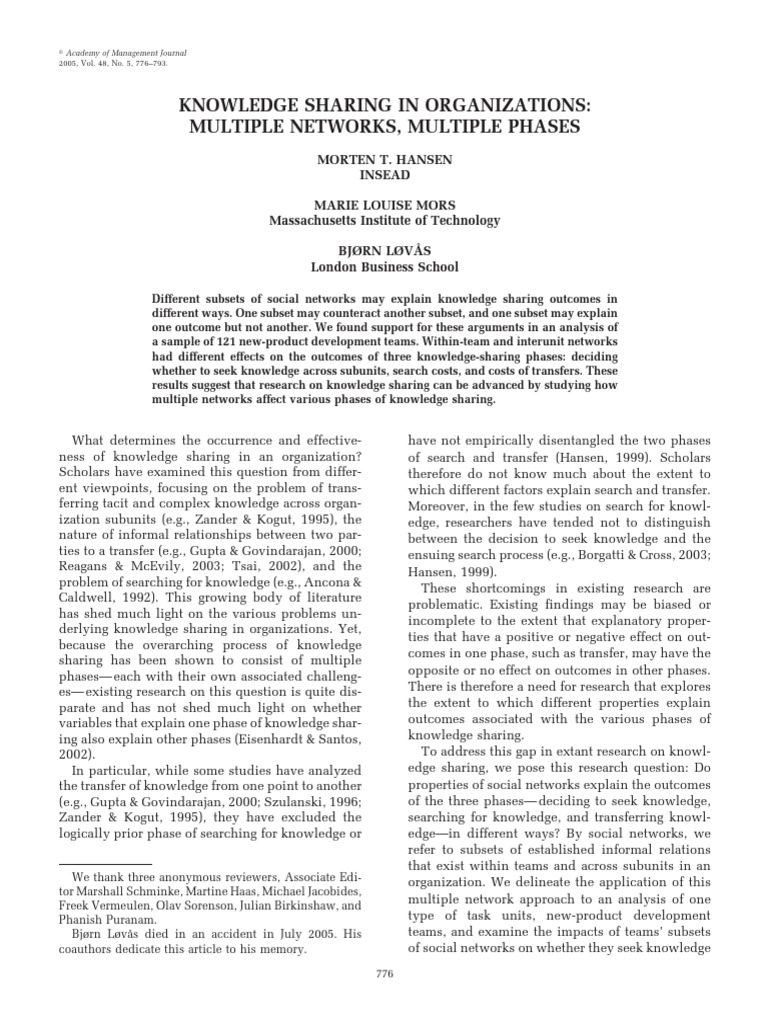 Understanding Knowledge Sharing Networks | PDF | Knowledge | Social Network