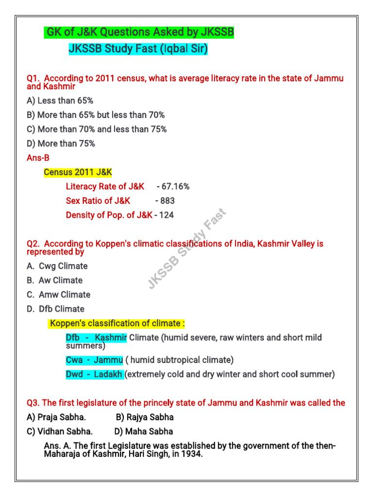 J&K General Knowledge Quiz Questions | PDF | Kashmir