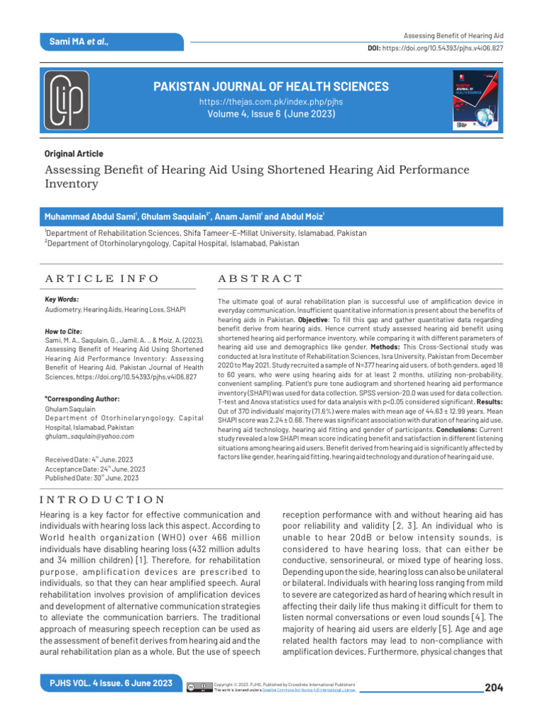 Assessing Benefit of Hearing Aid Using Shortened H | PDF | Hearing Aid ...