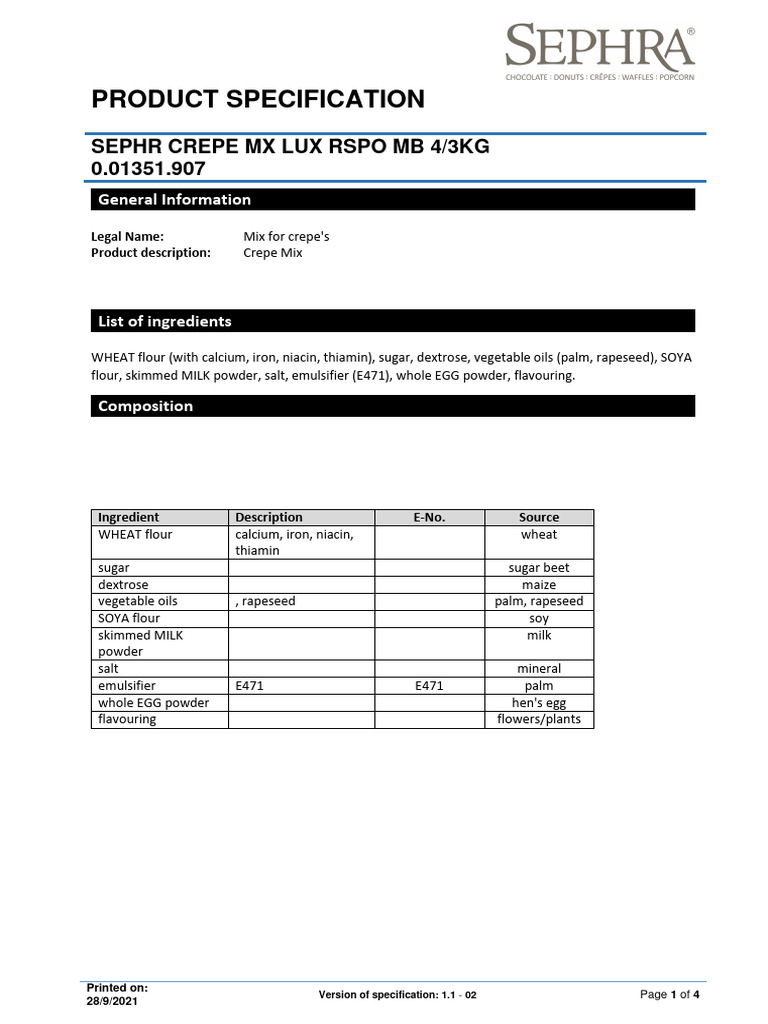 Sephra Crepe Mix Specifications Aug 17 | PDF | Packaging And Labeling ...