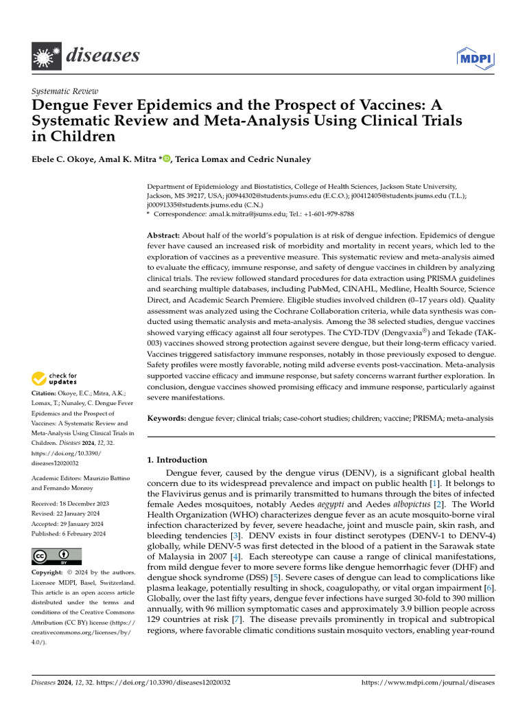 Dengue Fever Epidemics and The Prospect of Vaccines. A Systematic ...