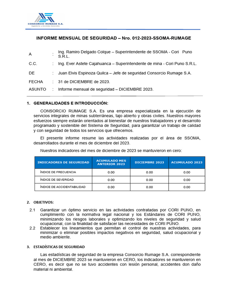 Informe Mensual de Seguridad Diciembre 2023 | PDF | Seguridad y salud ...