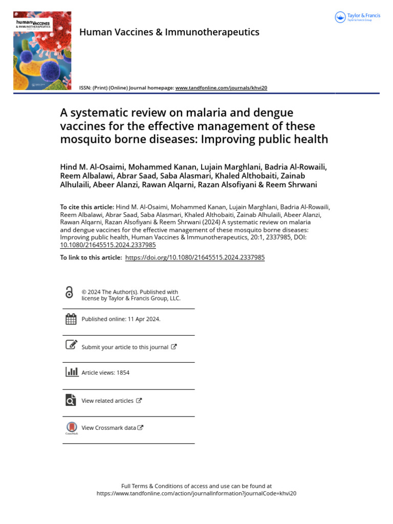 A Systematic Review On Malaria and Dengue Vaccines For The Effective ...
