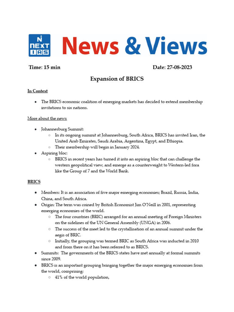 338170227th August - Expansion of BRICS | PDF | Bric | International ...