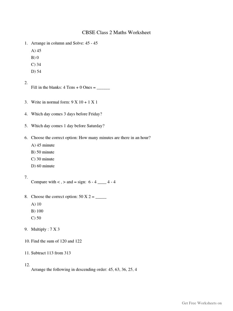 Maths CBSE Class 2 Worksheet PDF