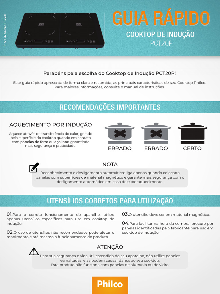 Guia Rápido Cooktop Indução PCT20P | PDF | Magnetismo | Aquecimento ...