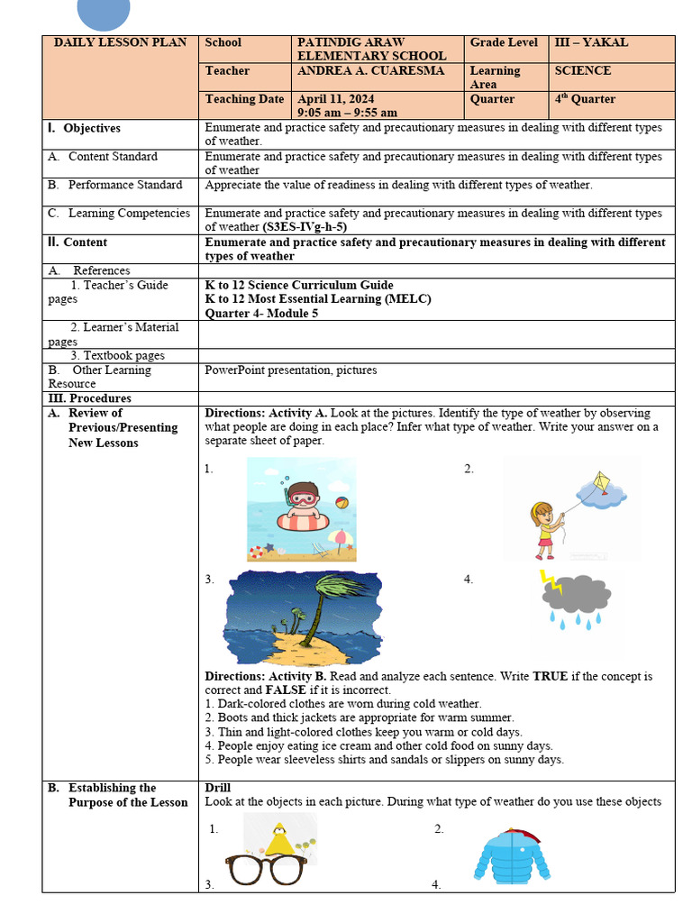 Weather Safety Lesson Plan for Grade 3 | PDF | Weather | Learning