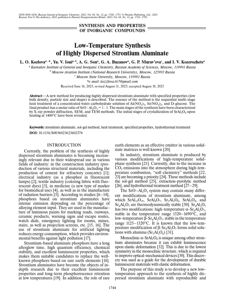 Low-Temperature Synthesis of Highly Dispersed Strontium Aluminate | PDF ...