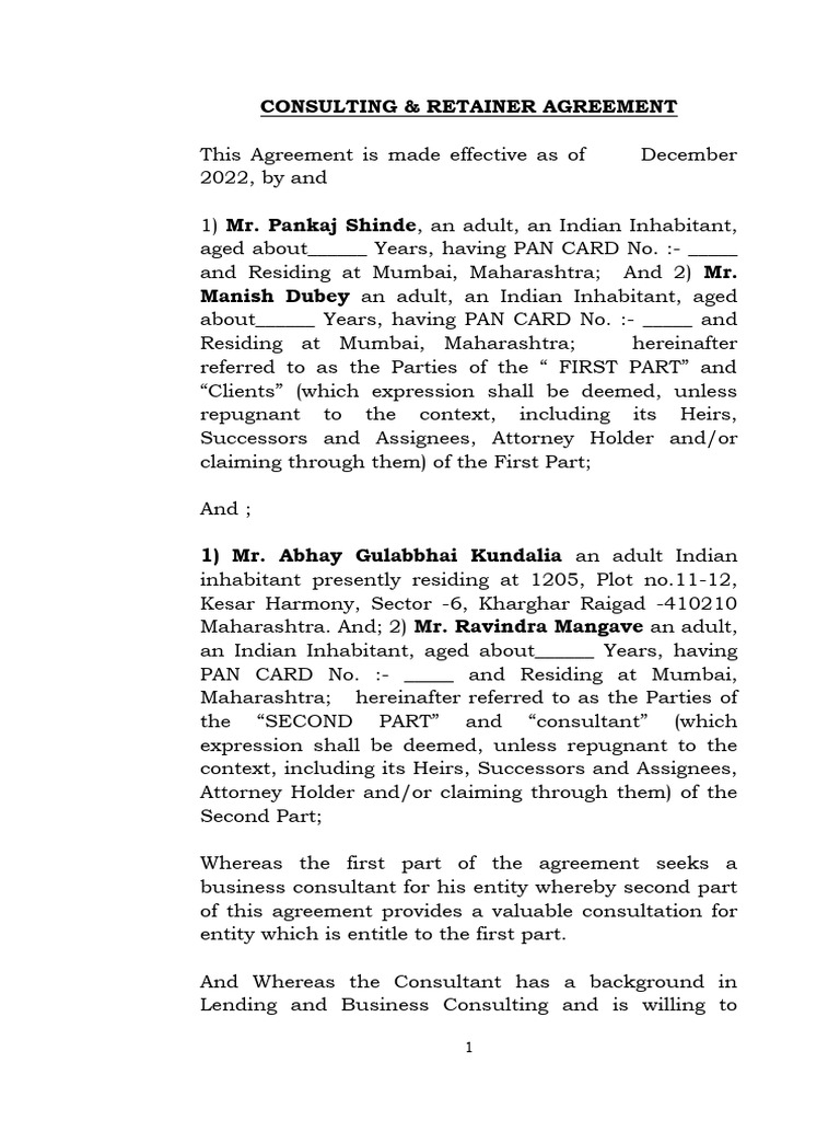 Retainership Agreement Draft Bhrigunath Group PDF Consultant