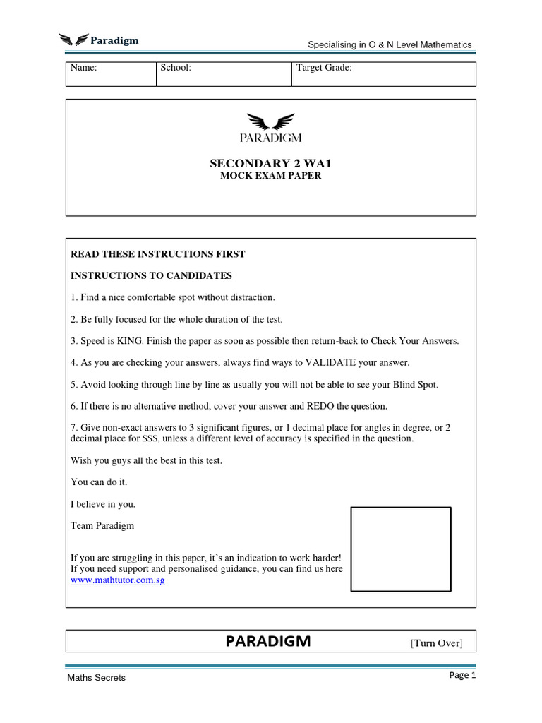 Secondary 2 WA1 Maths Mock Exam | PDF | Equations | Mathematics