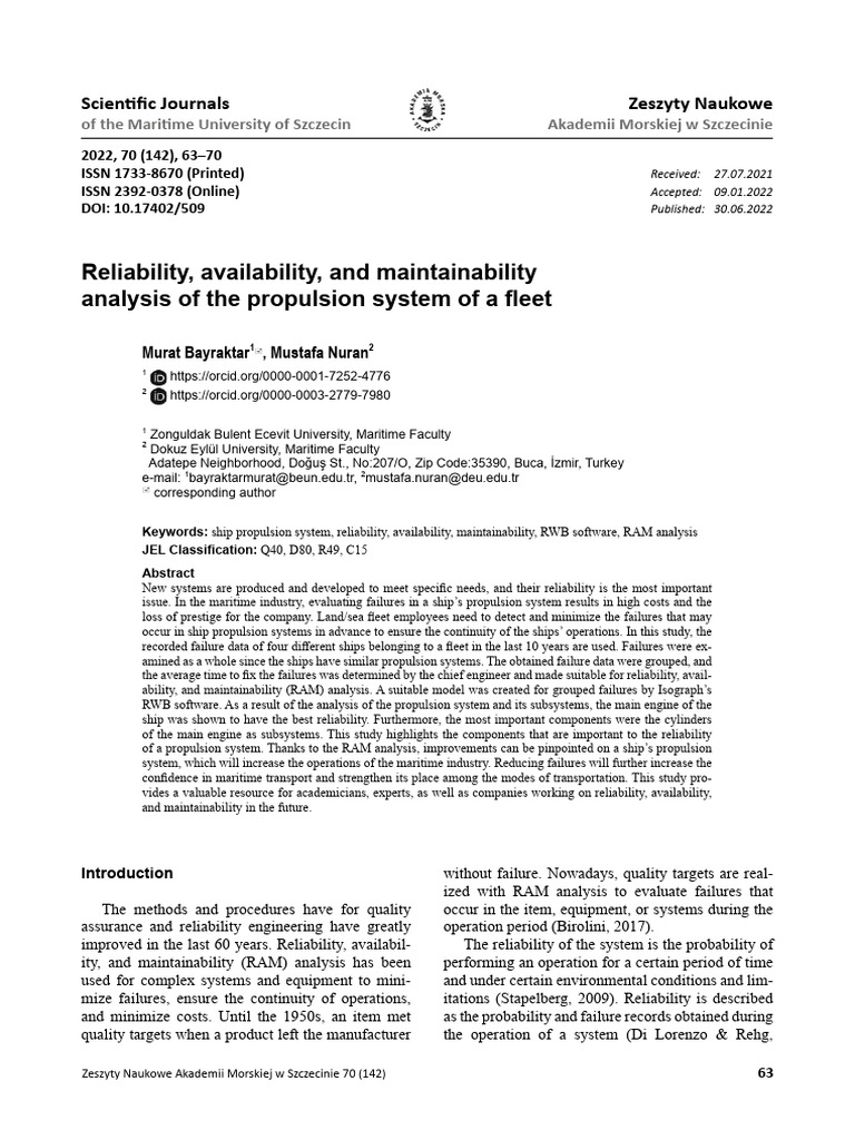RAM Analysis of Ship Propulsion Systems | PDF | Reliability Engineering ...