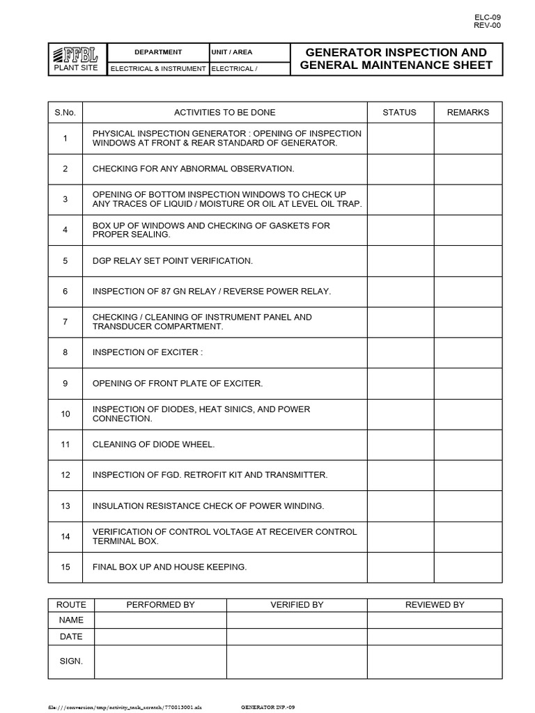 09 Generator Inspection | PDF | Home & Garden | Science & Mathematics