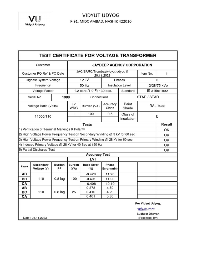 CG Test Report | PDF | Transformer | High Voltage