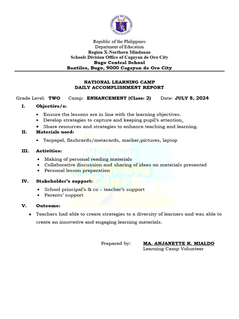 Nlc july 8 2024 mialdo accomplishment report pdf social science
