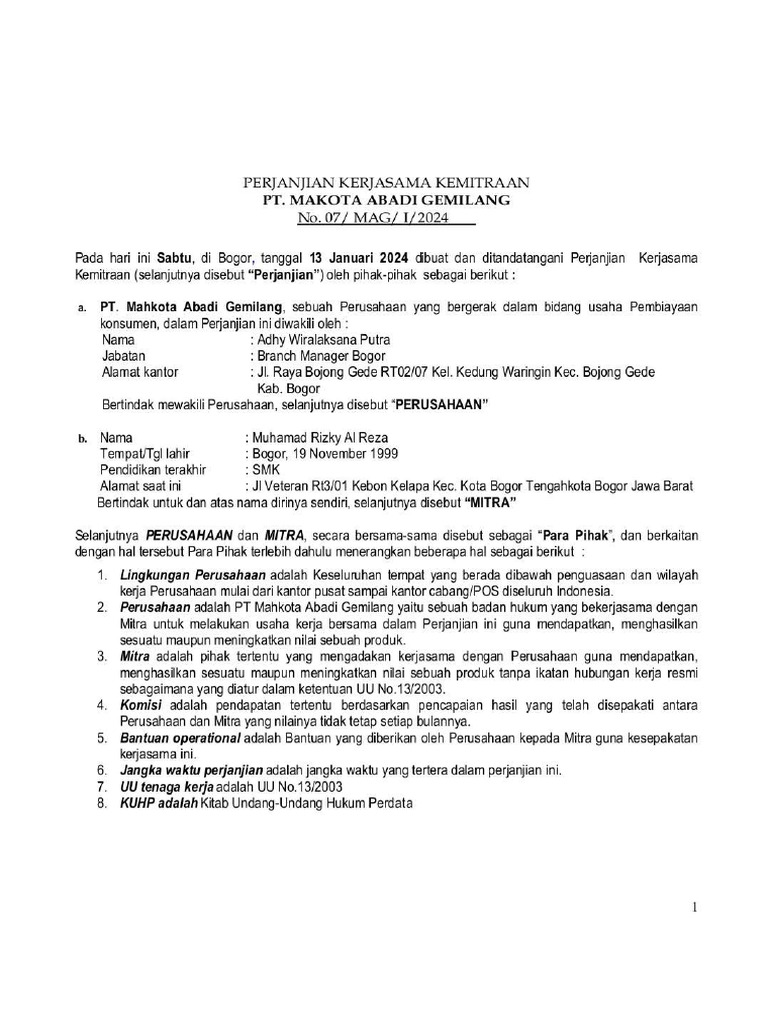 Contoh Perjanjian Kemitraan | PDF