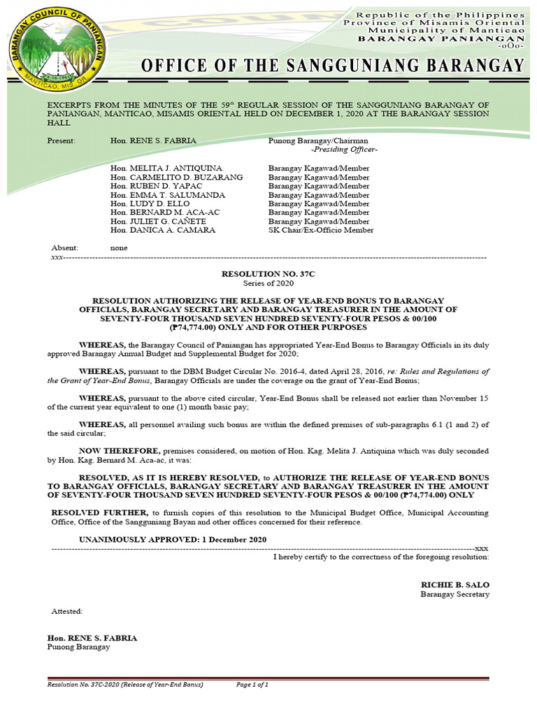 Release of Year-End Bonus Resolution | PDF | Government