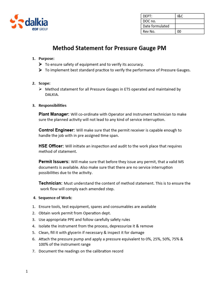 ETS Pressure Gauge PM Method Statement | PDF | Calibration