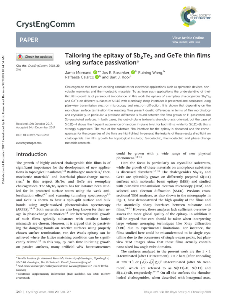 Tailoring The Epitaxy of Sb2Te3 and GeTe Thin Films | PDF | Epitaxy ...