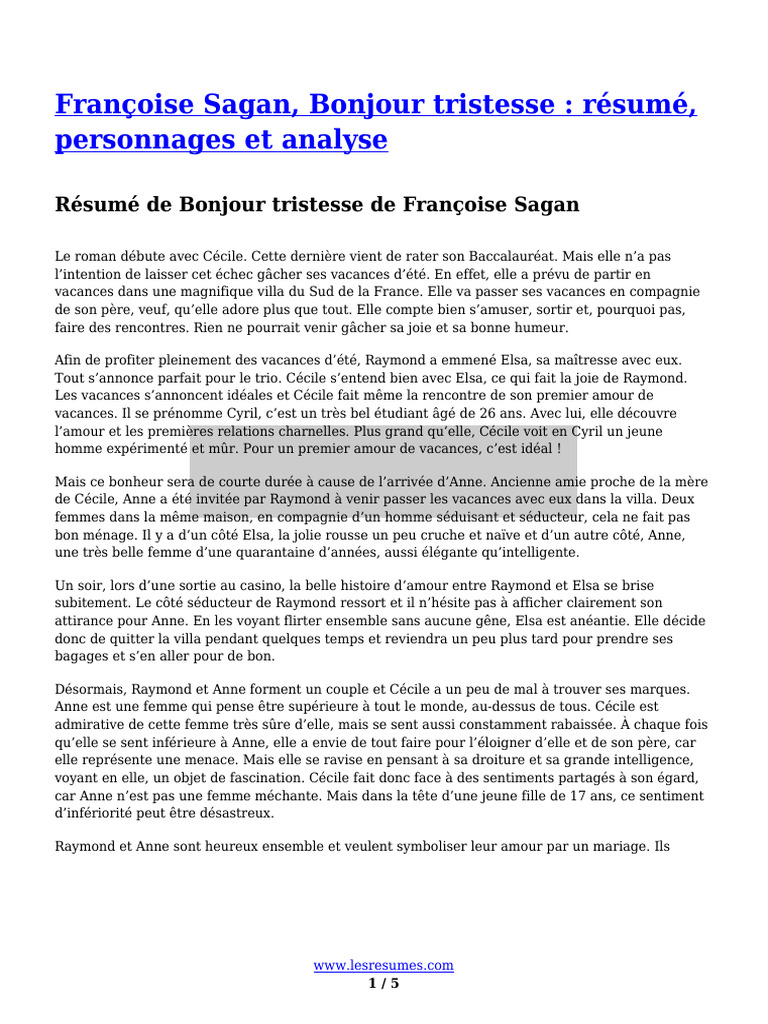 Analyse de "Bonjour Tristesse" | PDF