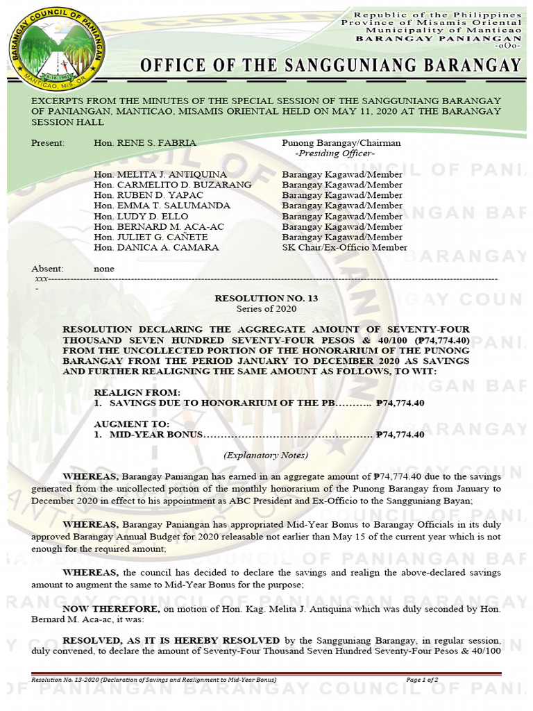 Resolution No. 13-2020 (Realignment of Savings To Mid-Year) | PDF ...