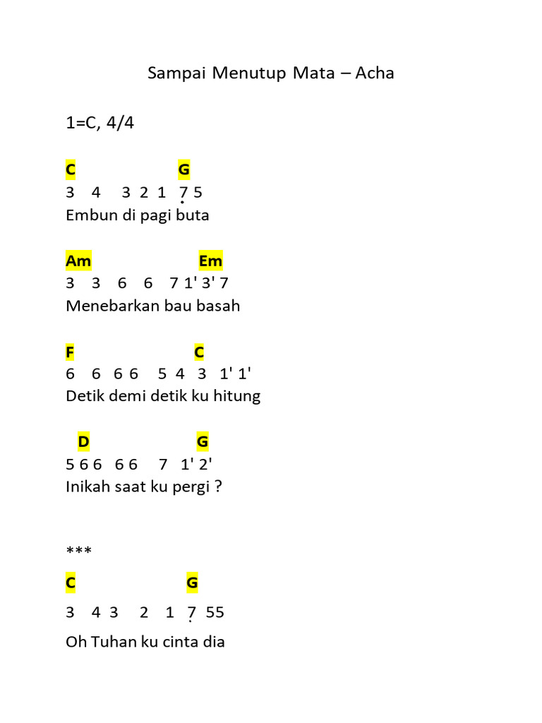 Sampai Menutup Mata (Not Angka + Chord) PDF